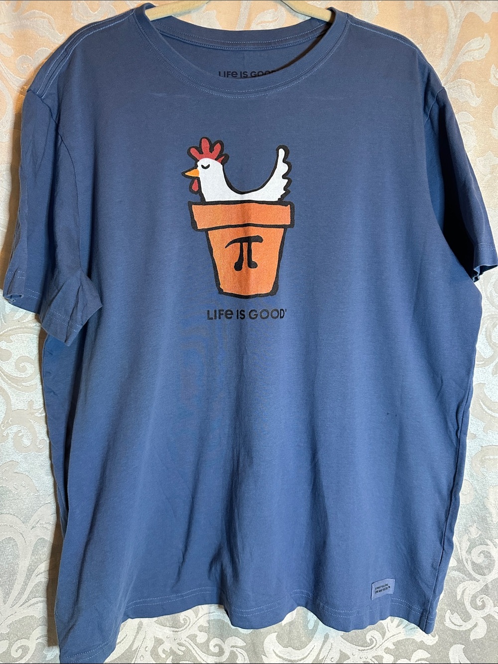 Life Is Good Blue Tee with Chicken Pot Pi Graphic Math Humor